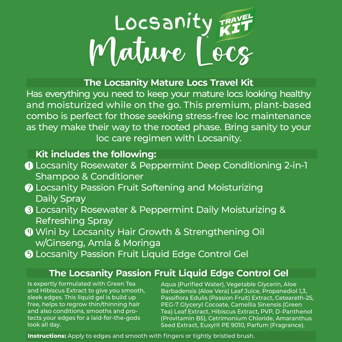 Locsanity Mature Locs Travel Sample Kit, 2-in-1 Shampoo and Conditioner, Hair Oil, Passion Fruit Moisturizing Spray, Rosewater Peppermint Moisturizing Spray, Liquid Edge Gel