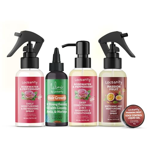 Locsanity Mature Locs Travel Sample Kit, 2-in-1 Shampoo and Conditioner, Hair Oil, Passion Fruit Moisturizing Spray, Rosewater Peppermint Moisturizing Spray, Liquid Edge Gel