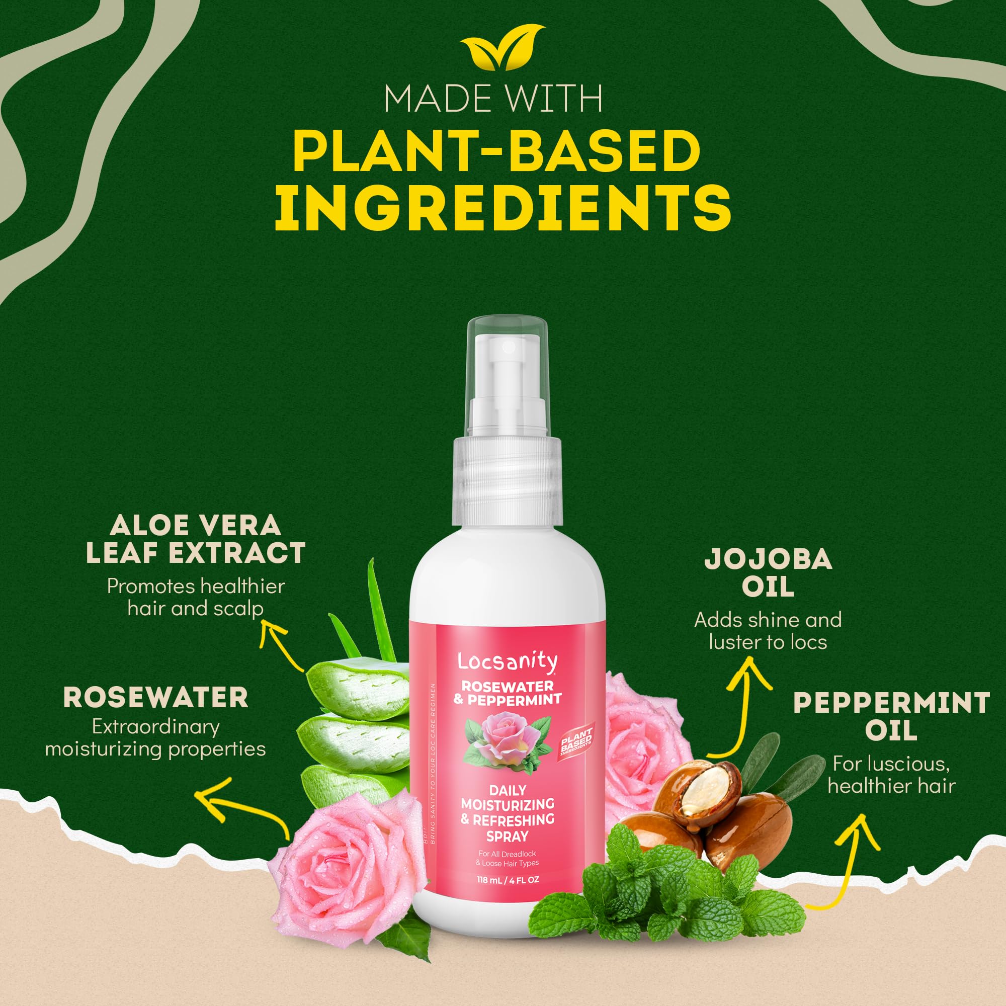 8 plant-based ingredients: Rosewater, Aloe, Jojoba, Peppermint